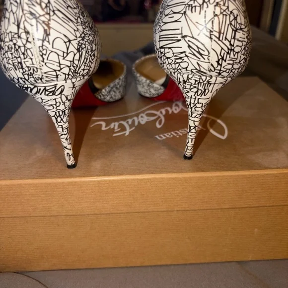 Christian Louboutin White and Black Script Pointed-Toe Pumps - Picture 5 of 10